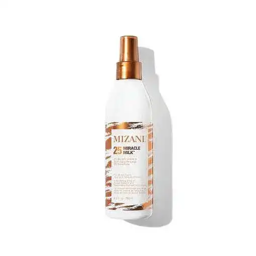 Mizani 25 Miracle Milk leave-in conditioner spray in white and brown bottle.