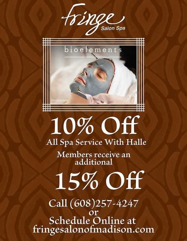 Woman receiving a facial treatment with text offering 10% off spa services at Fringe Salon Spa.