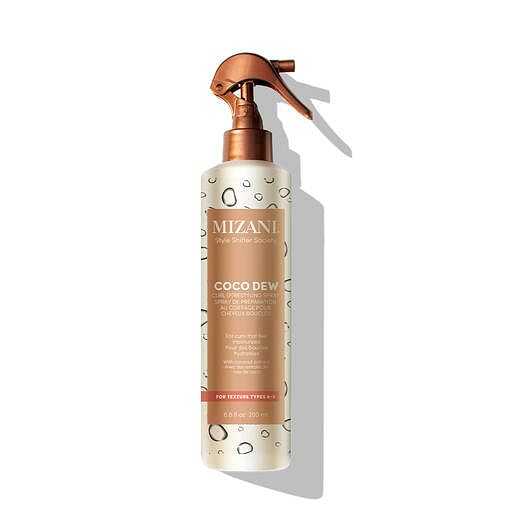 Mizani Coco Dew Curl Pre-Styling Spray bottle with pump, 8 fl oz, against a white background.