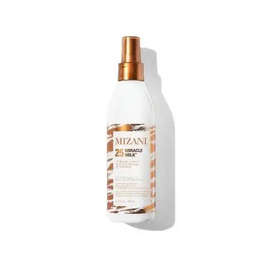 Mizani 25 Miracle Milk leave-in conditioner spray in white and brown bottle.