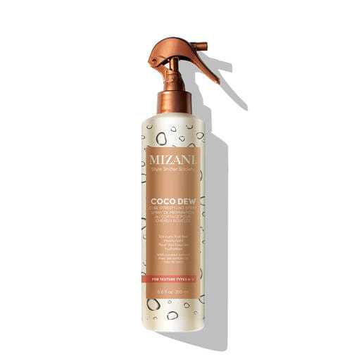 Mizani Coco Dew Curl Pre-Styling Spray bottle with pump, 8 fl oz, against a white background.